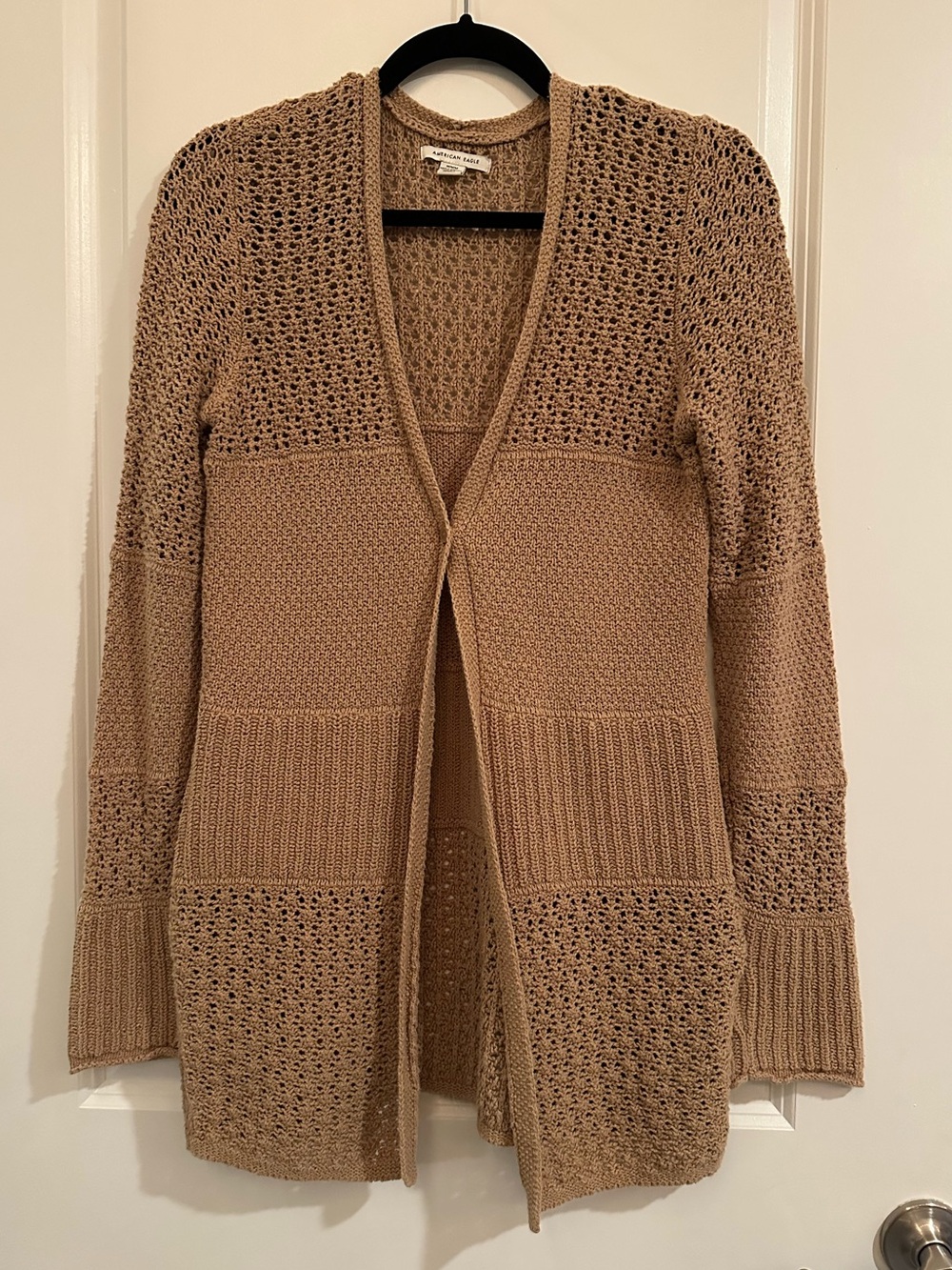 American Eagle Medium Open-Front Knit Cardigan Sweater in Camel Brown